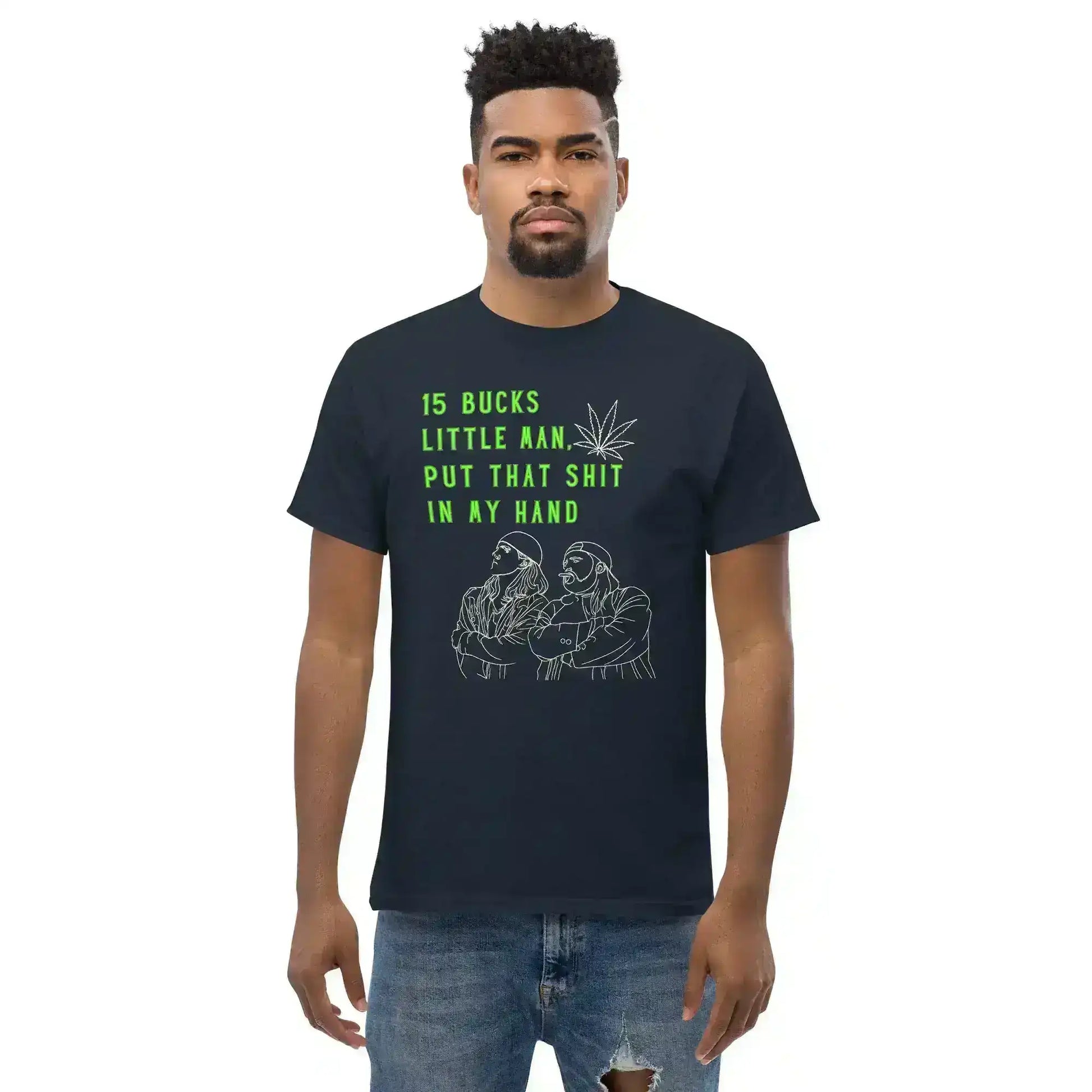 Man wearing navy graphic tee with neon green text and line art from Cady Creations