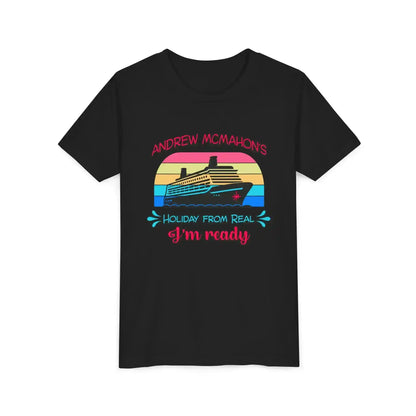 Black graphic tee with a retro cruise ship and 'Andrew McMahon's Holiday From Real I'm ready' text