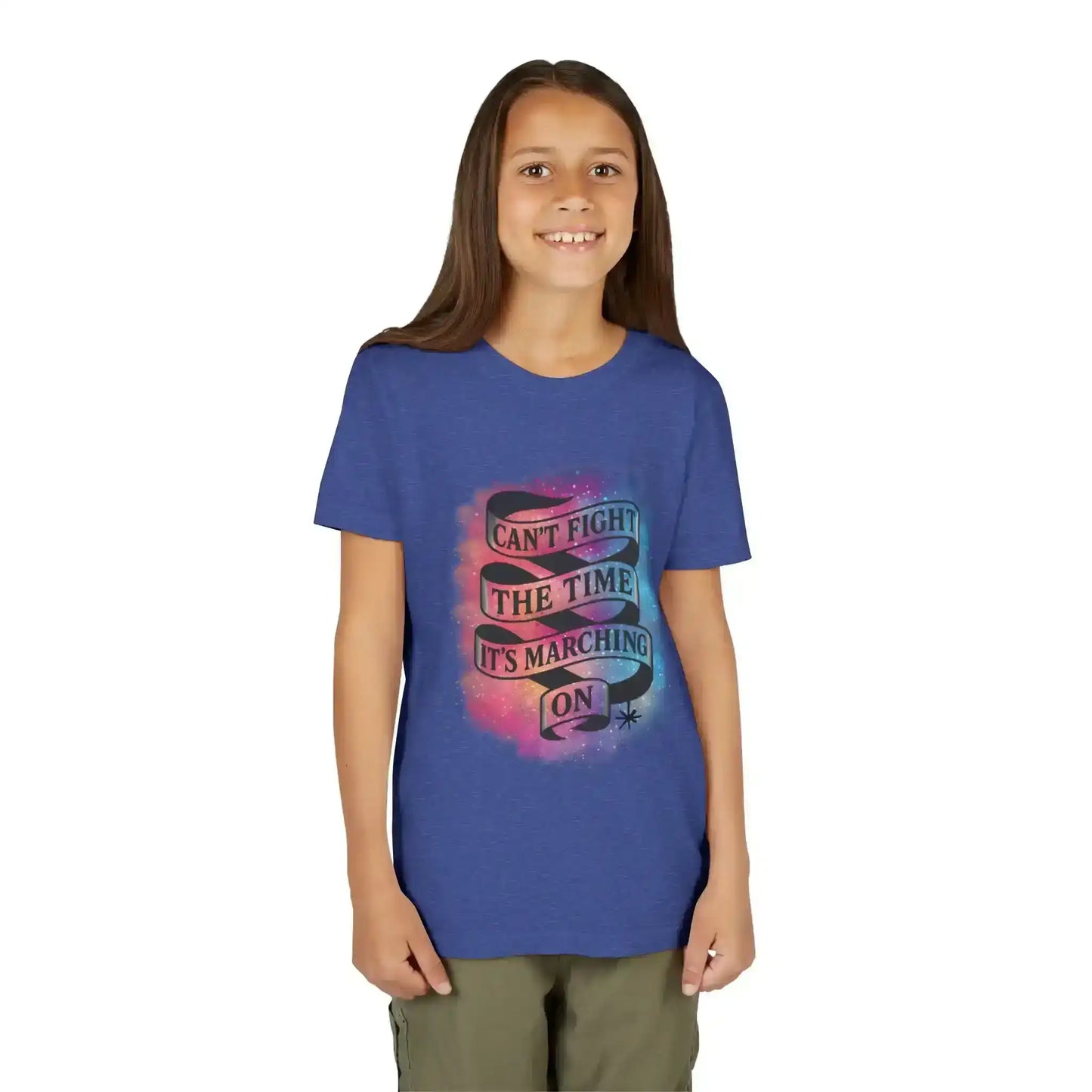Smiling child in blue graphic tee reading 'Can't fight the time, it's marching on' by Cady Creations