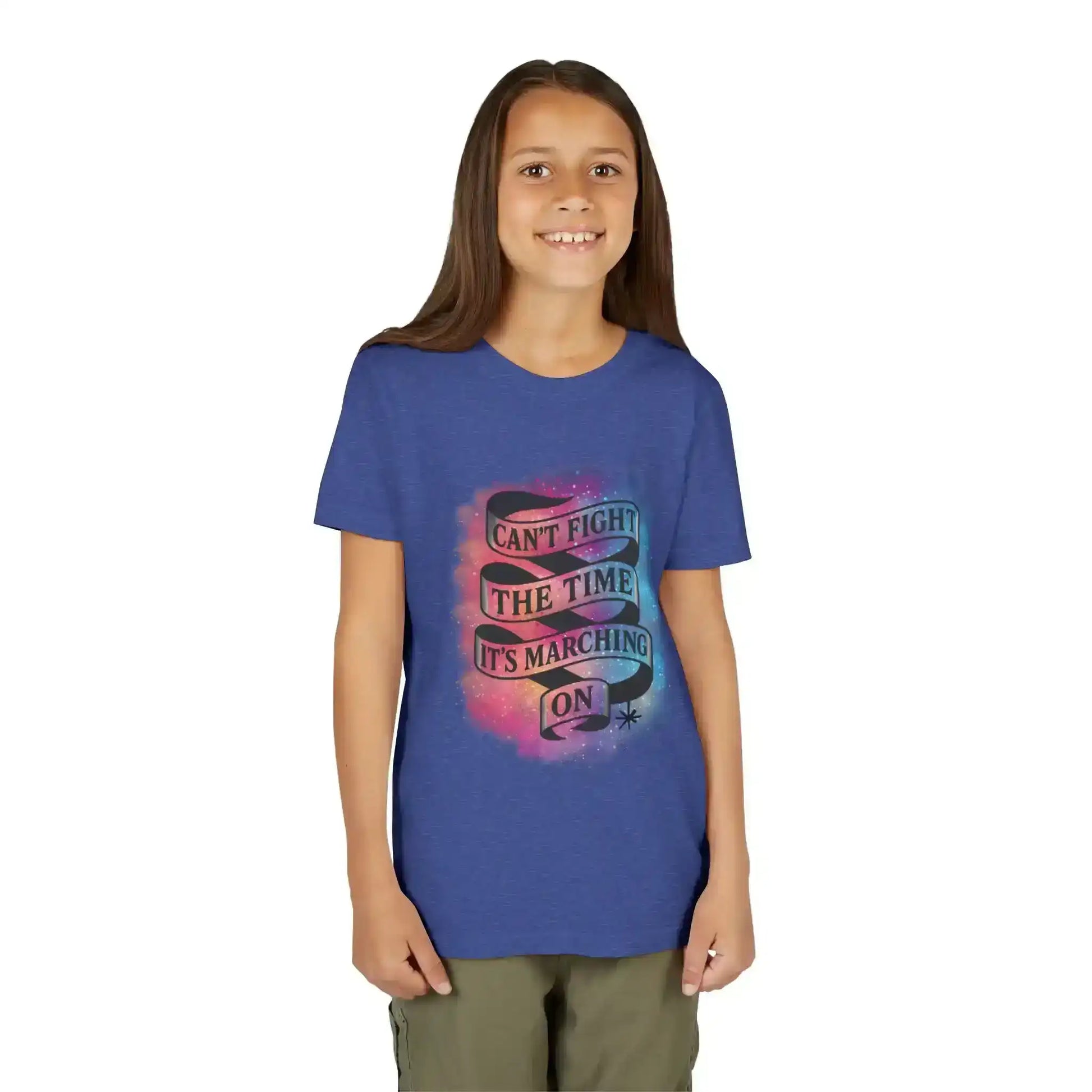 Smiling child in blue graphic tee reading 'Can't fight the time, it's marching on' by Cady Creations
