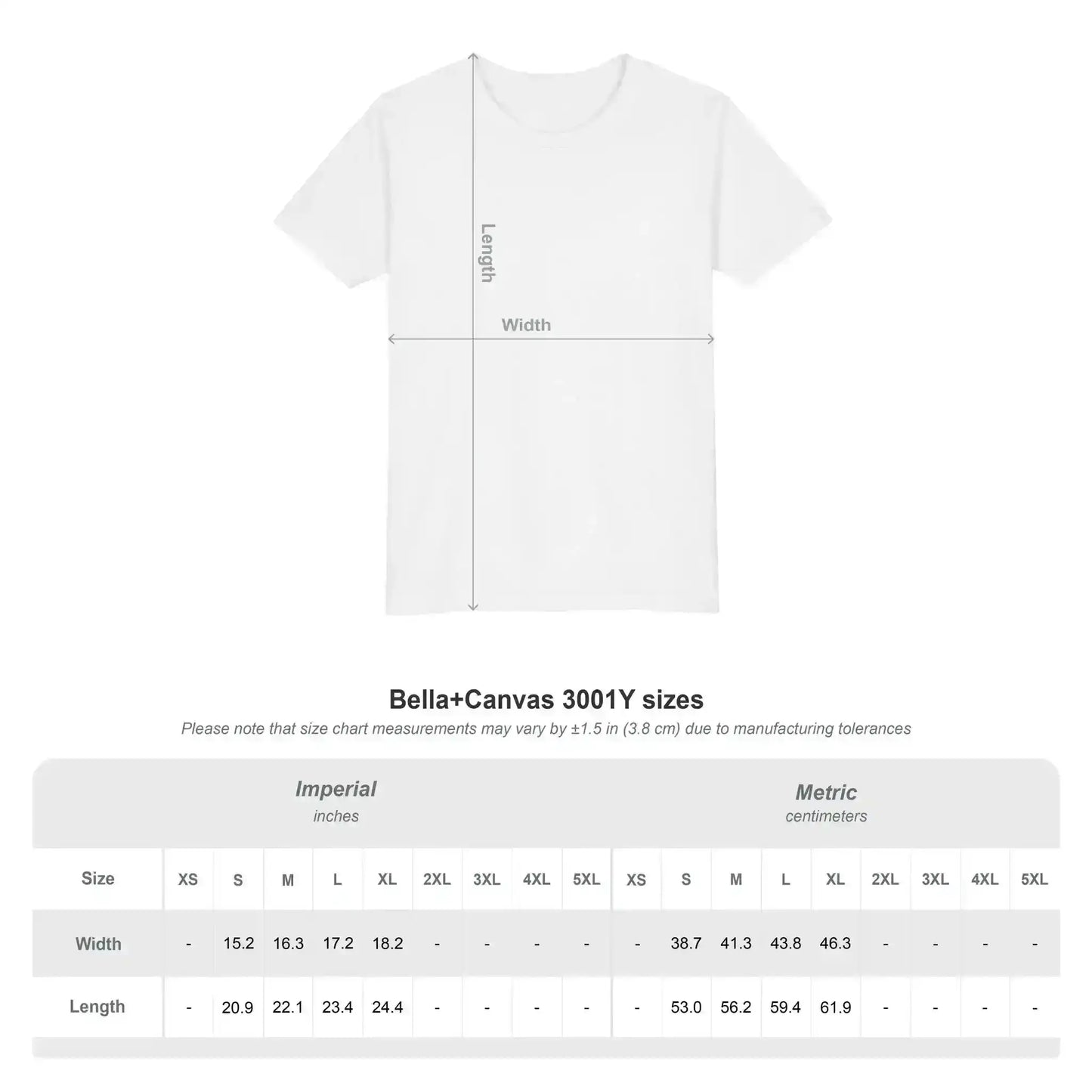 Bella+Canvas 3001Y youth t-shirt size chart with shirt measurement guide in inches and centimeters
