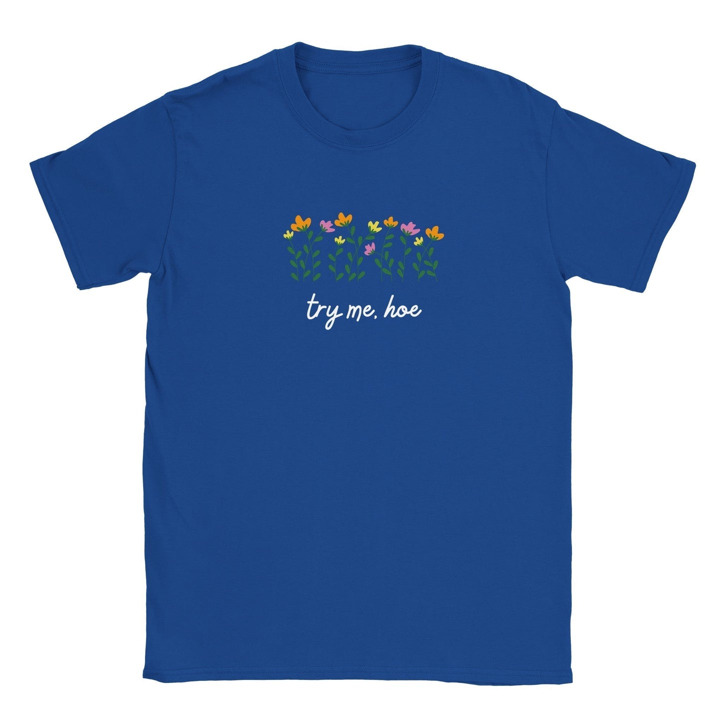 Blue graphic tee with "Try Me, Hoe" text and floral design.