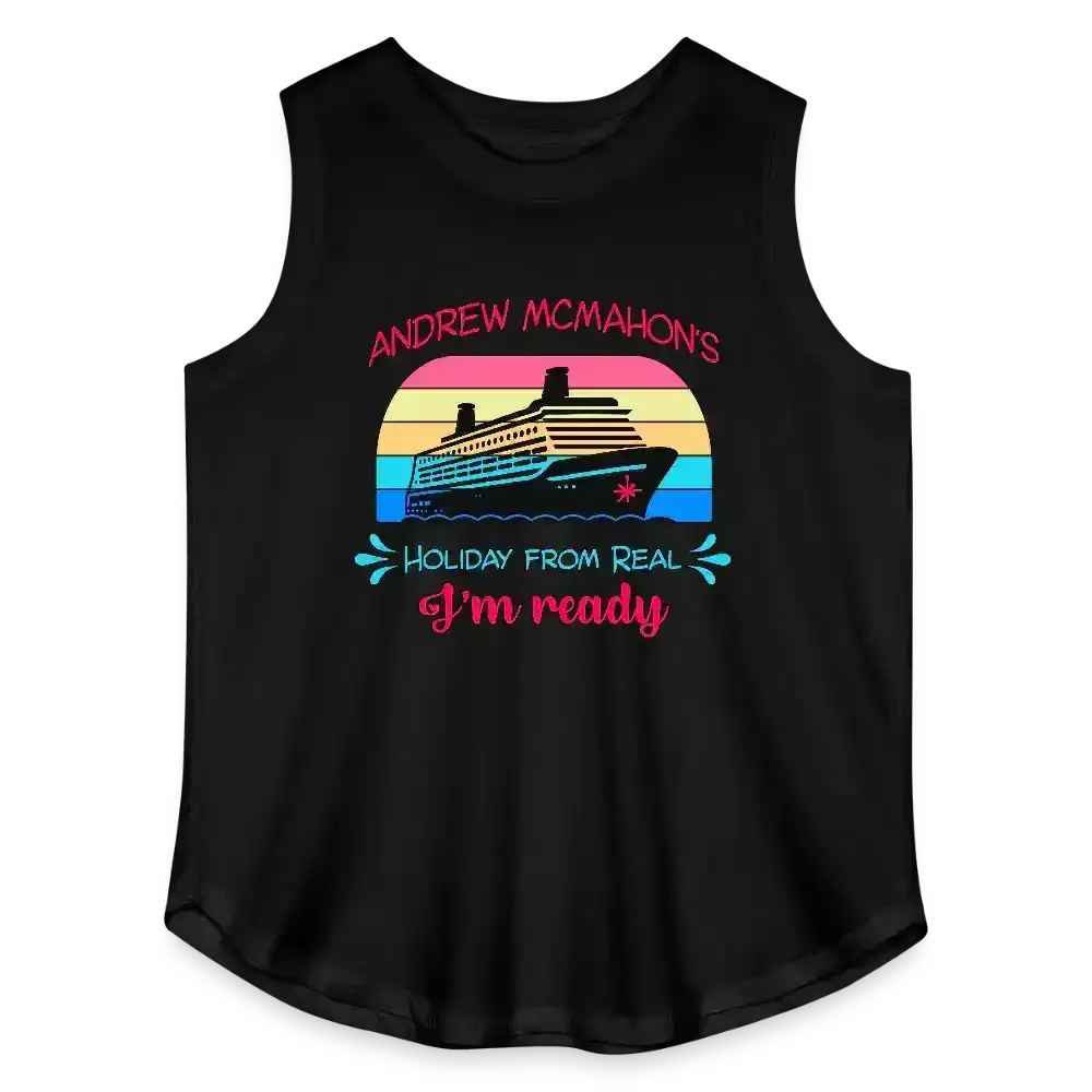 Black sleeveless tank top with cruise ship graphic and 'Holiday From Real I'm Ready' text