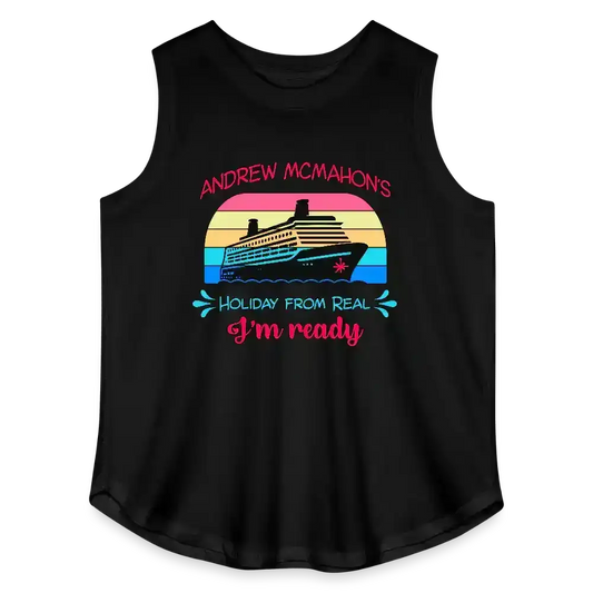 Black sleeveless tank top with cruise ship graphic and 'Holiday From Real I'm Ready' text