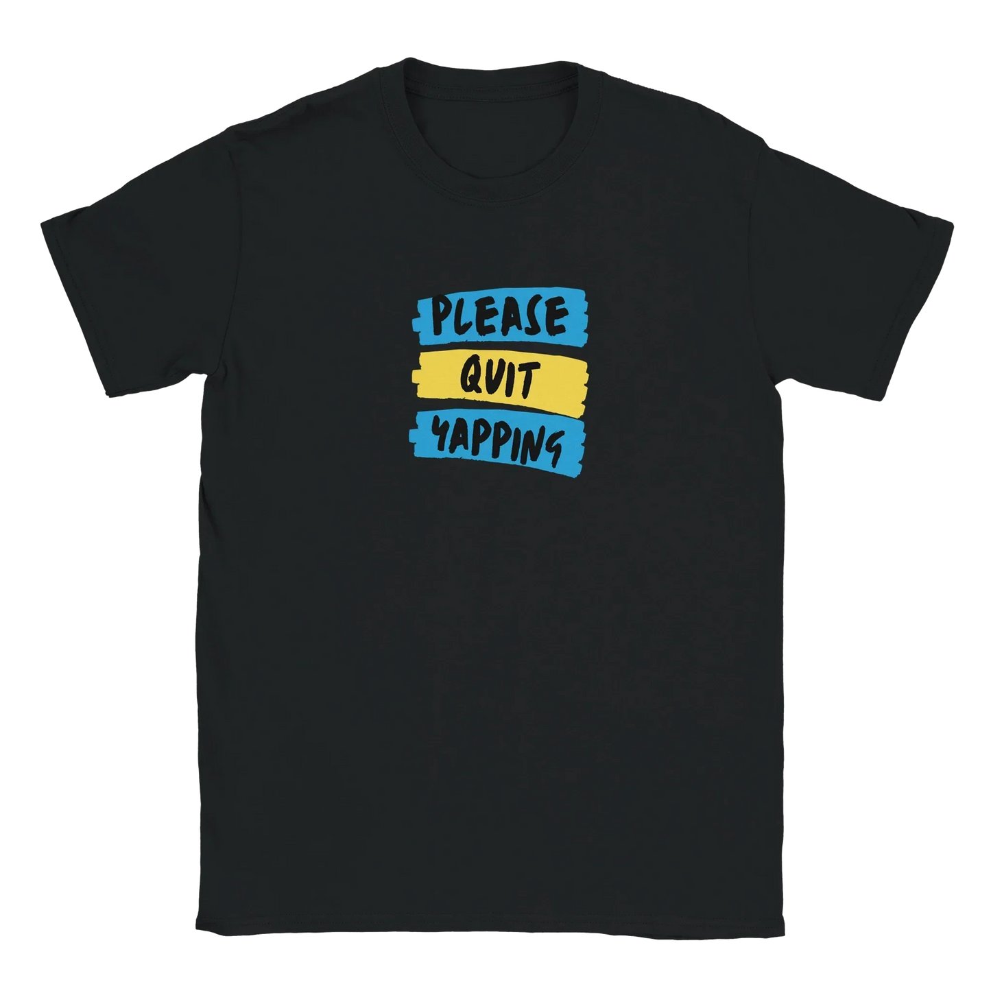 Black graphic tee with bold text "Please Quit Yapping" in blue and yellow.