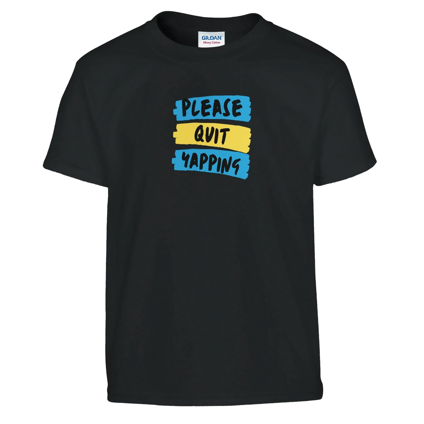 Kids graphic tee with "Please Quit Yapping" text in bold, playful typography.