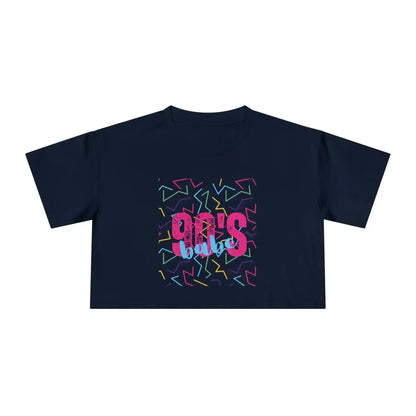 Navy blue crop top with '90's babe' text and colorful retro graphic pattern, Cady Creations