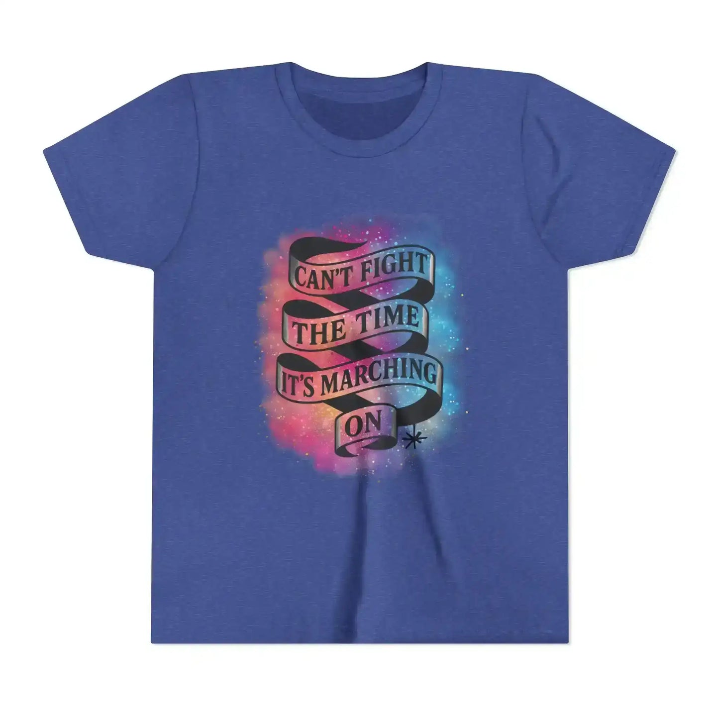 Blue Cady Creations graphic tee with 'Can't fight the time, it's marching on' ribbon design
