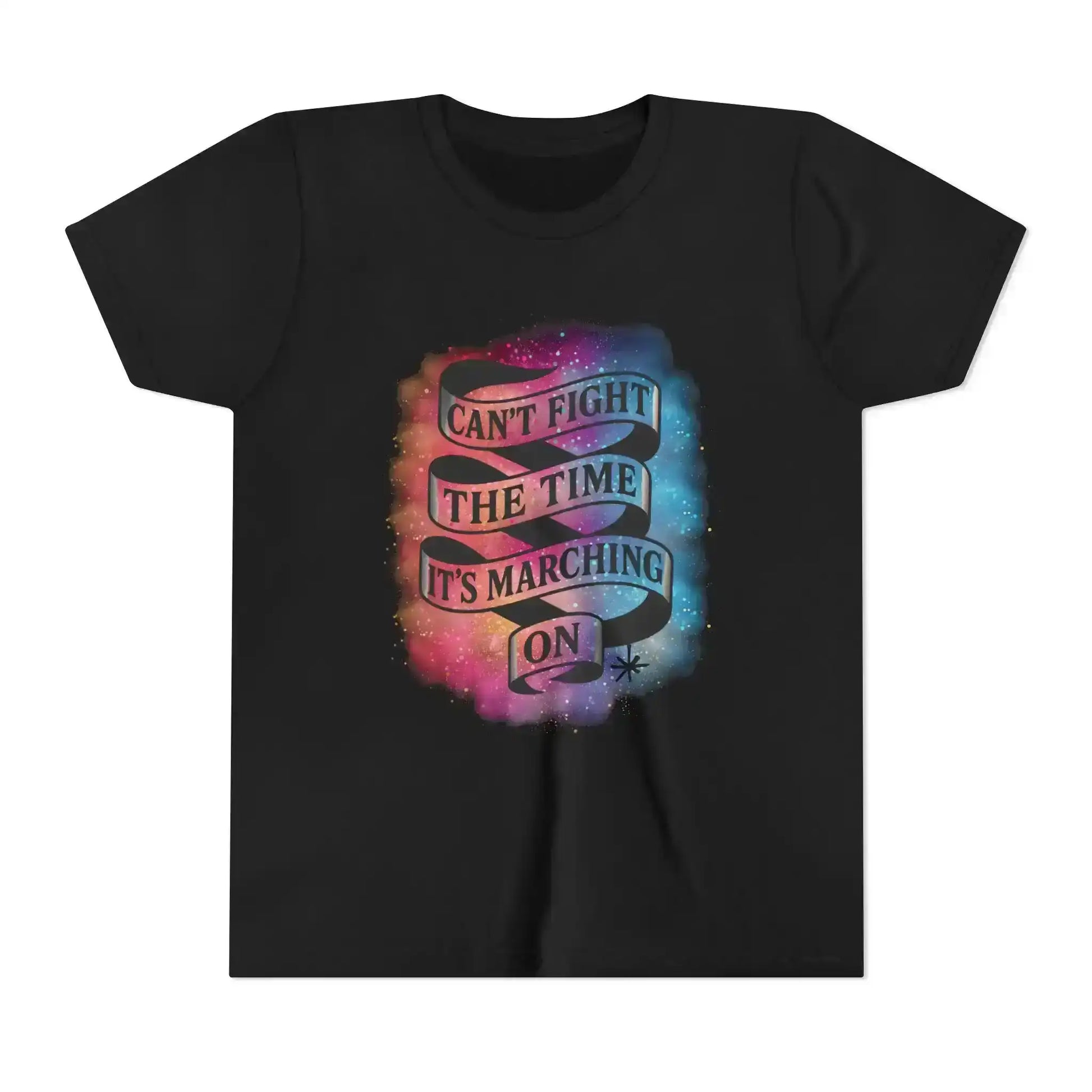 Black graphic tee from Cady Creations with 'Can't fight the time, it's marching on' text and colorful galaxy background.