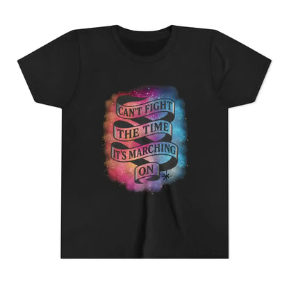 Black graphic tee from Cady Creations with 'Can't fight the time, it's marching on' text and colorful galaxy background.