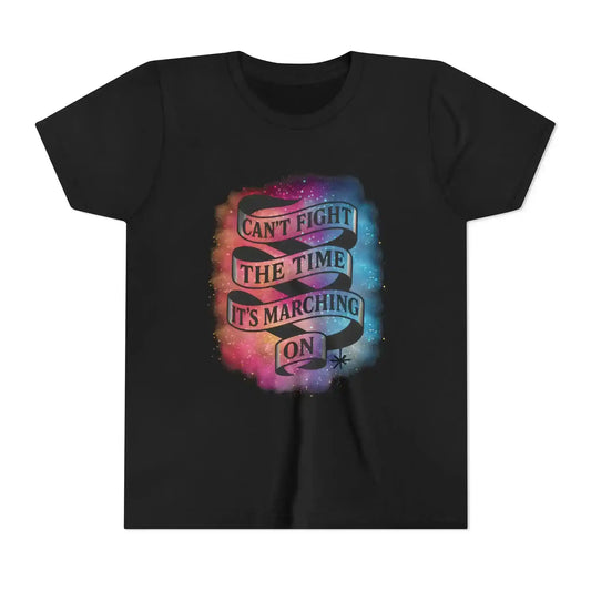 Black graphic tee from Cady Creations with 'Can't fight the time, it's marching on' text and colorful galaxy background.