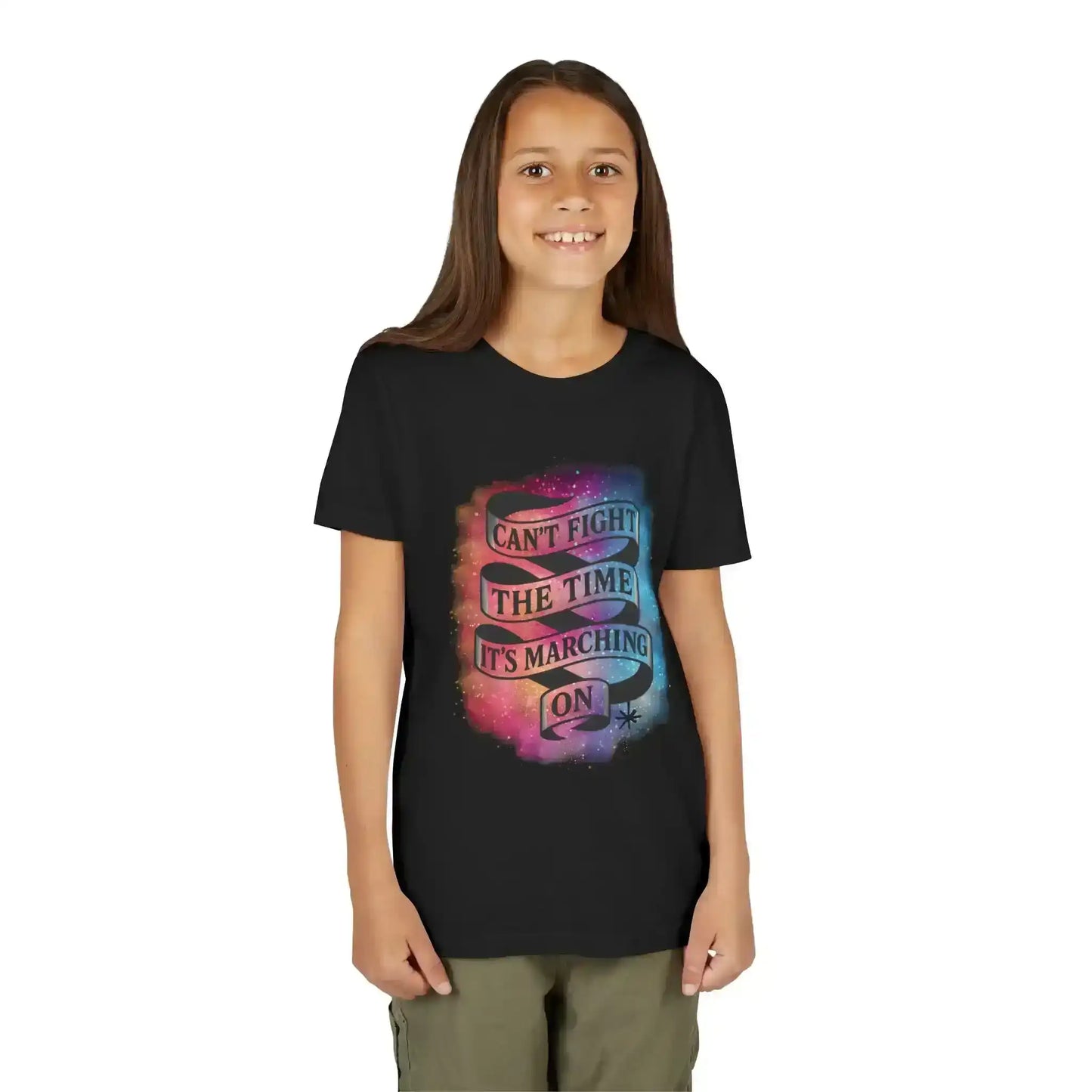 Smiling kid in black graphic tee with colorful 'Can't Fight The Time, It's Marching On' design