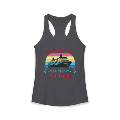 Graphic tank top featuring a retro cruise ship, sunset stripes, and 'Holiday from Real' text.