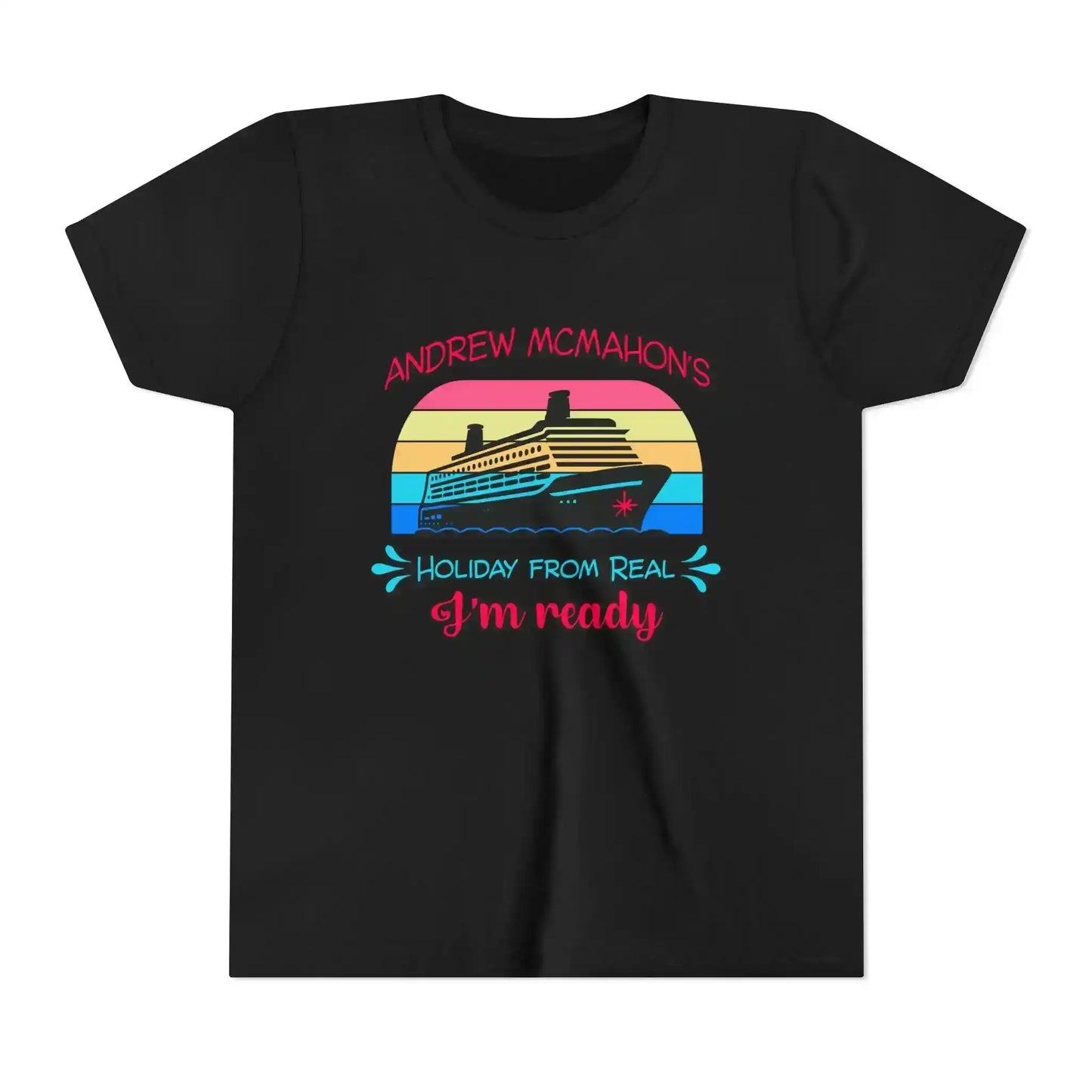 Black graphic tee with cruise ship and retro sunset, Andrew McMahon's Holiday From Real design
