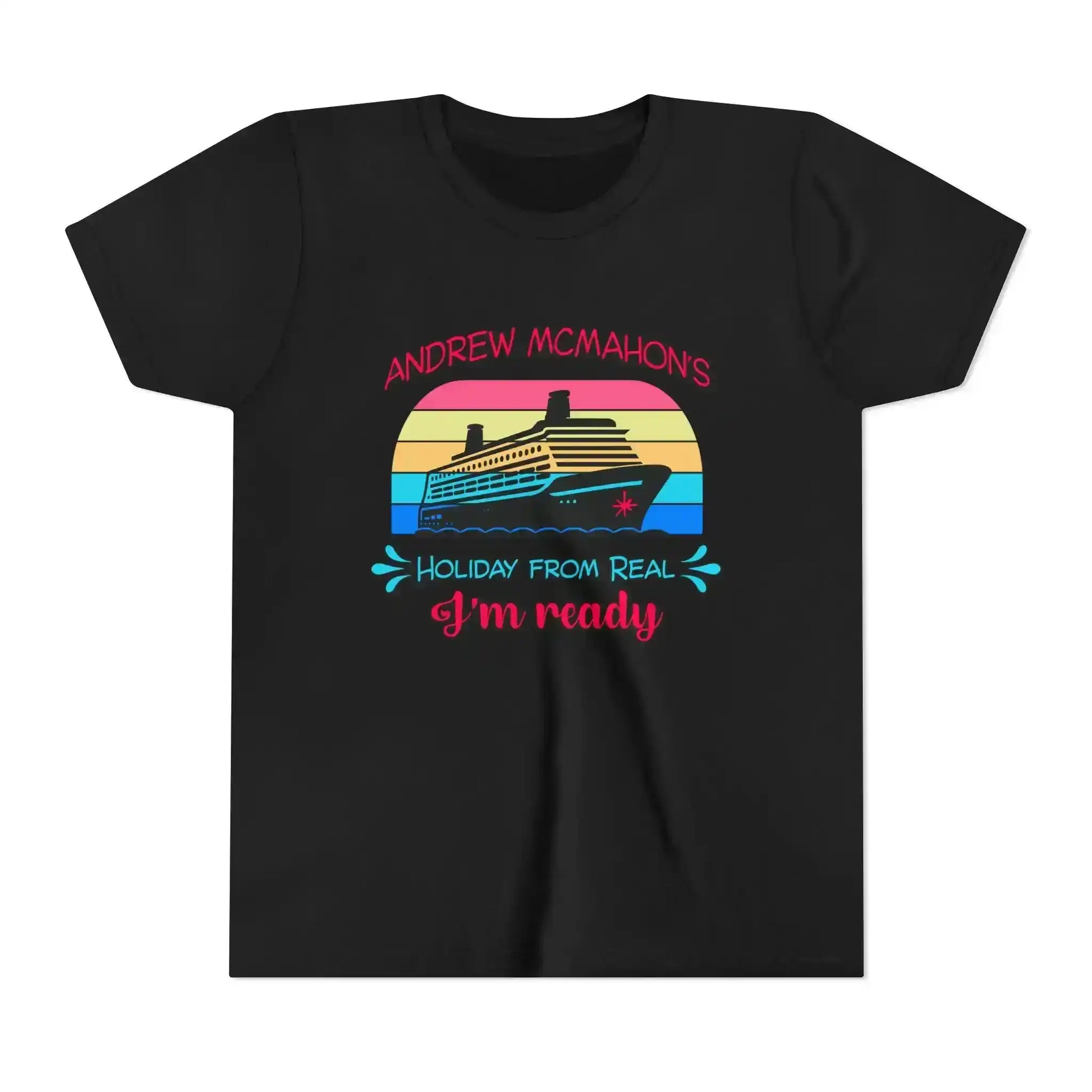 Black graphic tee with cruise ship and retro sunset, Andrew McMahon's Holiday From Real design