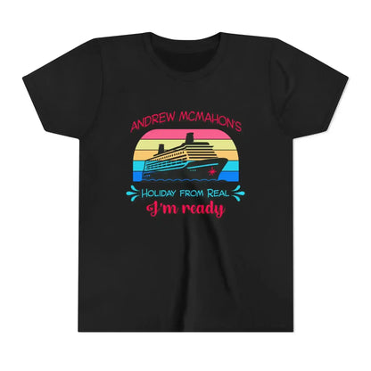 Black graphic tee with cruise ship and retro sunset, Andrew McMahon's Holiday From Real design