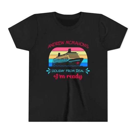 Black graphic tee with cruise ship and retro sunset, Andrew McMahon's Holiday From Real design