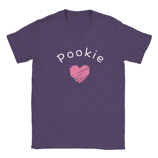 Purple graphic tee with "Pookie" text and pink heart design, perfect for casual streetwear.