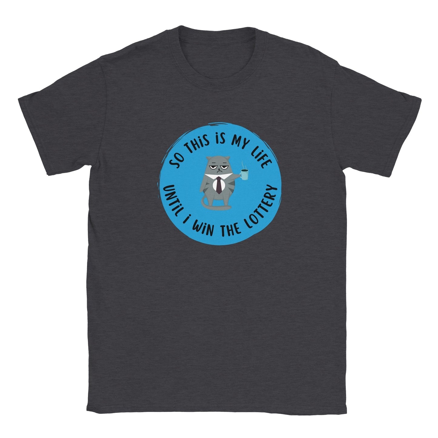 Graphic tee with "So This Is My Life Until I Win the Lottery" text, inspired by The Office, showcasing relatable humor.