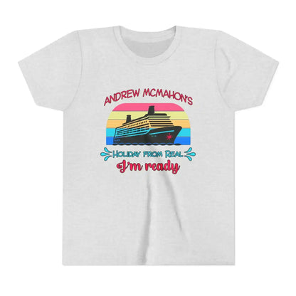 White graphic tee with cruise ship, retro sunset, and 'Holiday From Real I'm ready' text by Cady Creations