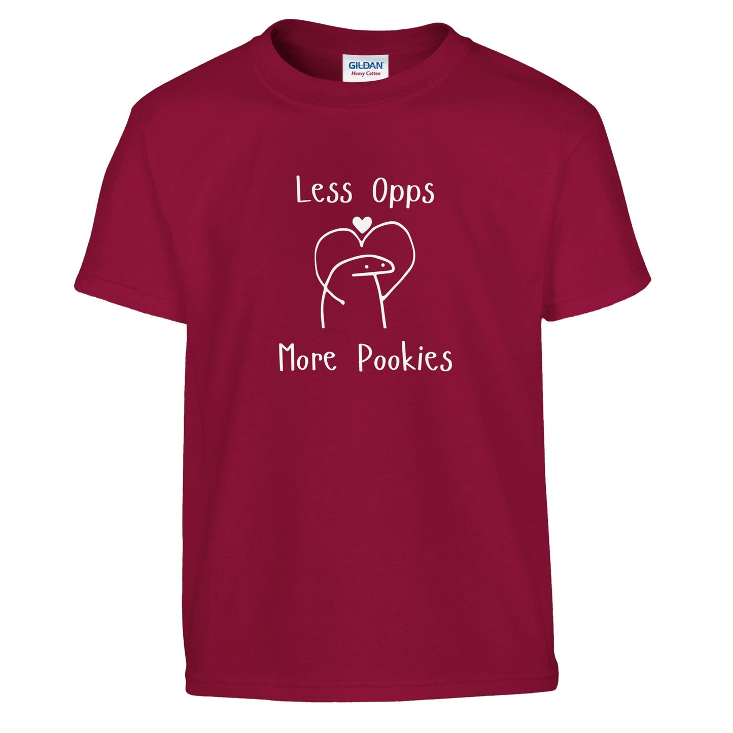 Red graphic tee with "Less Opps, More Pookies" playful design.