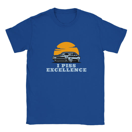 Blue graphic tee with vintage car and "I Piss Excellence" text.