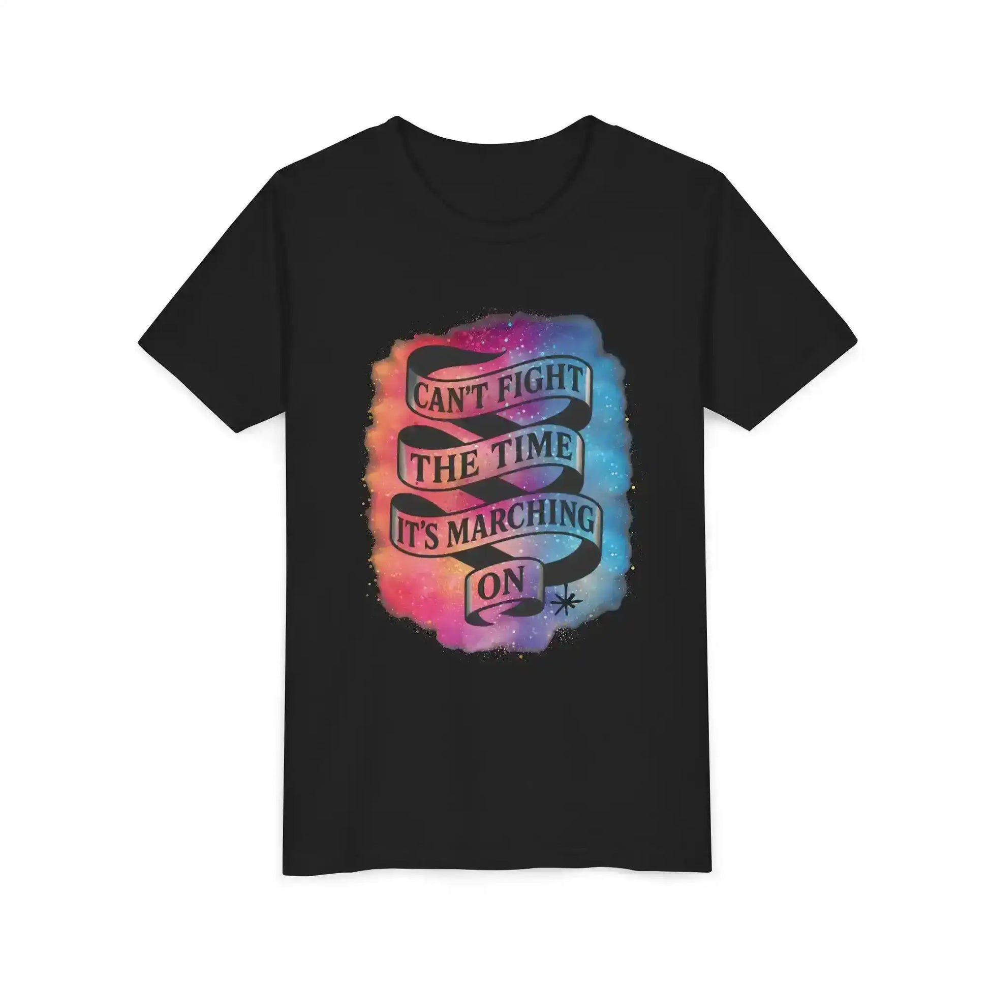 Black Cady Creations graphic tee with 'Can't fight the time it's marching on' ribbon design