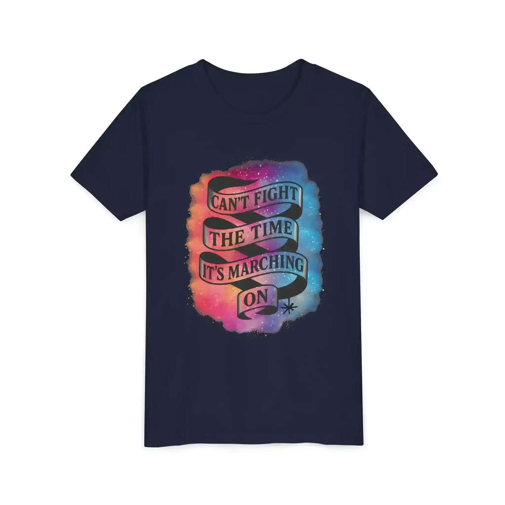 Navy graphic tee with 'Can't Fight the Time It's Marching On' ribbon and colorful galaxy background