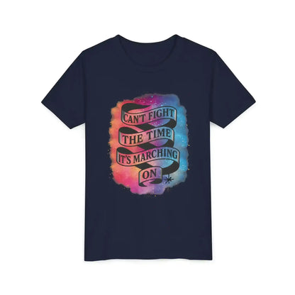 Navy graphic tee with 'Can't Fight the Time It's Marching On' ribbon and colorful galaxy background