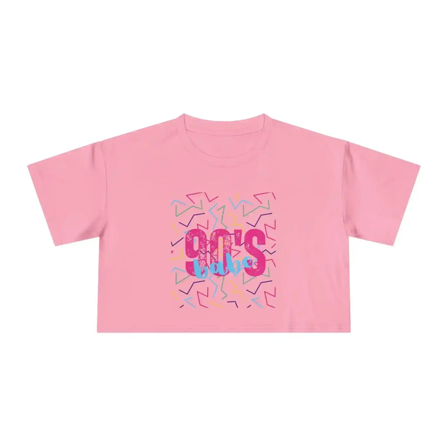 Pink crop top with '90's babe' graphic, colorful retro shapes, Cady Creations design