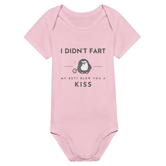 Funny "I Didn't Fart" baby onesie, soft fabric, pink, humorous design.