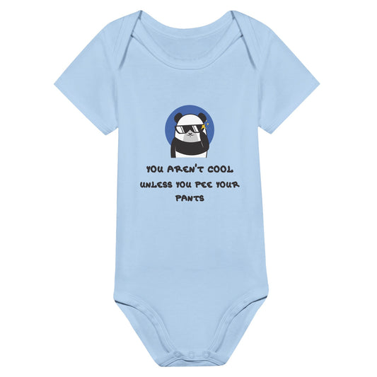 Blue baby onesie with humorous "You aren't cool unless you pee your pants" slogan and panda illustration.