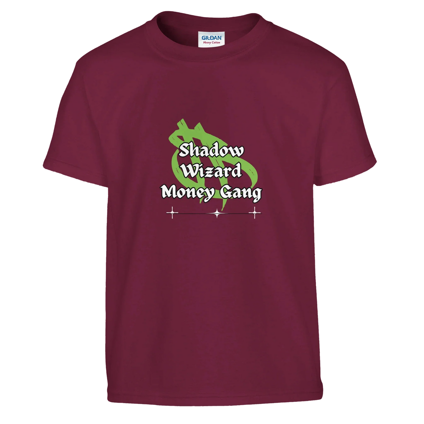 Youth graphic tee featuring "Shadow Wizard Money Gang" text on maroon fabric.