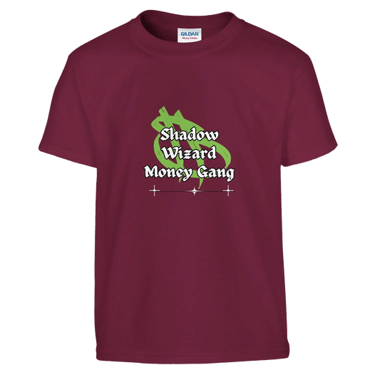 Youth graphic tee featuring "Shadow Wizard Money Gang" text on maroon fabric.