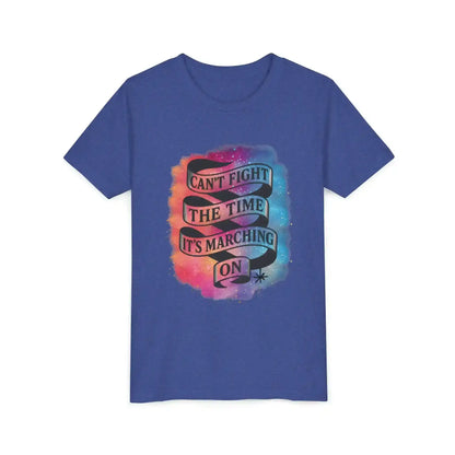 Blue graphic tee with colorful galaxy background and 'Can't fight the time, it's marching on' text ribbon