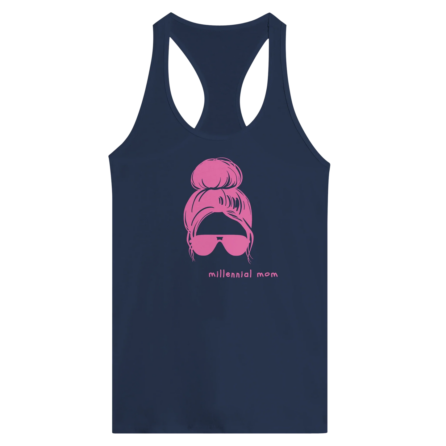 Women's racerback tank with "Millennial Mom" graphic and playful design.