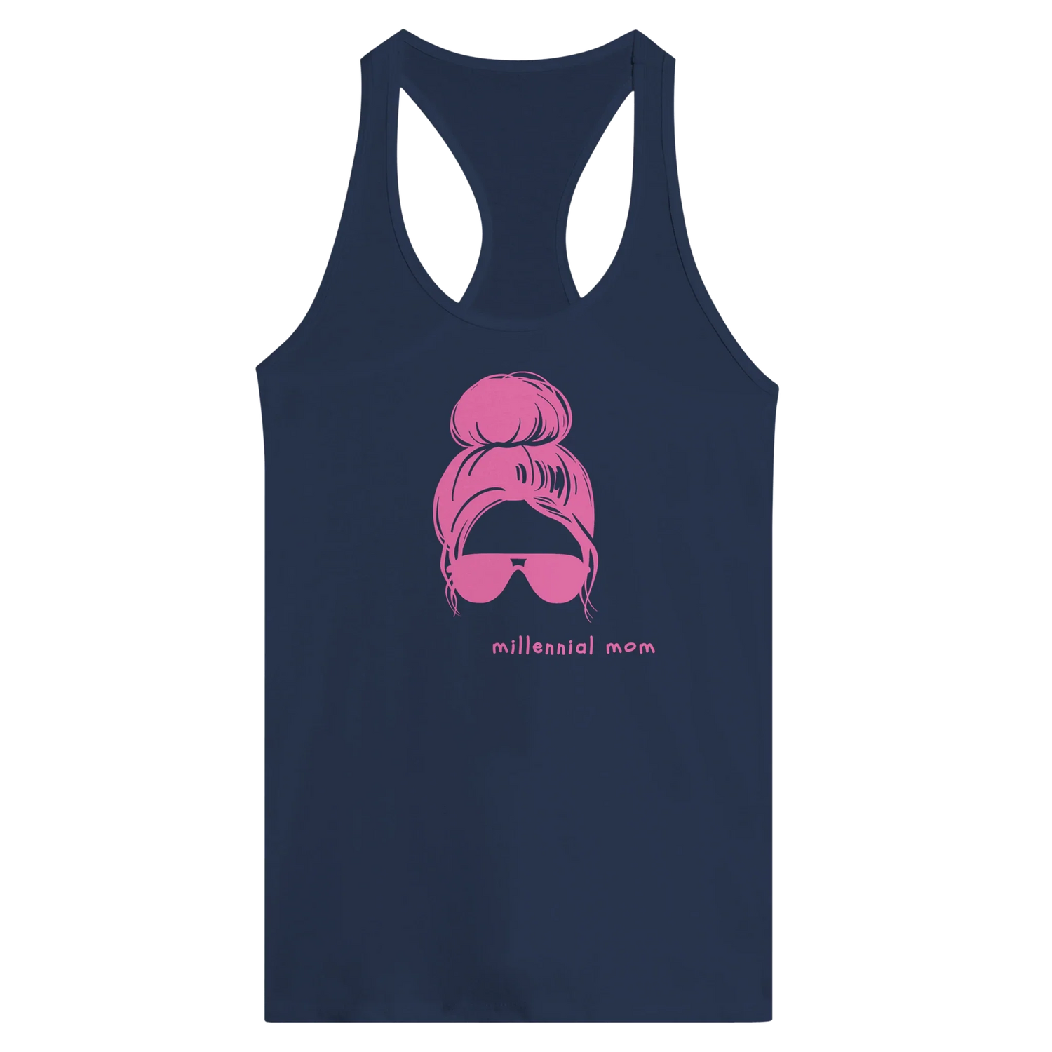 Women's racerback tank with "Millennial Mom" graphic and playful design.