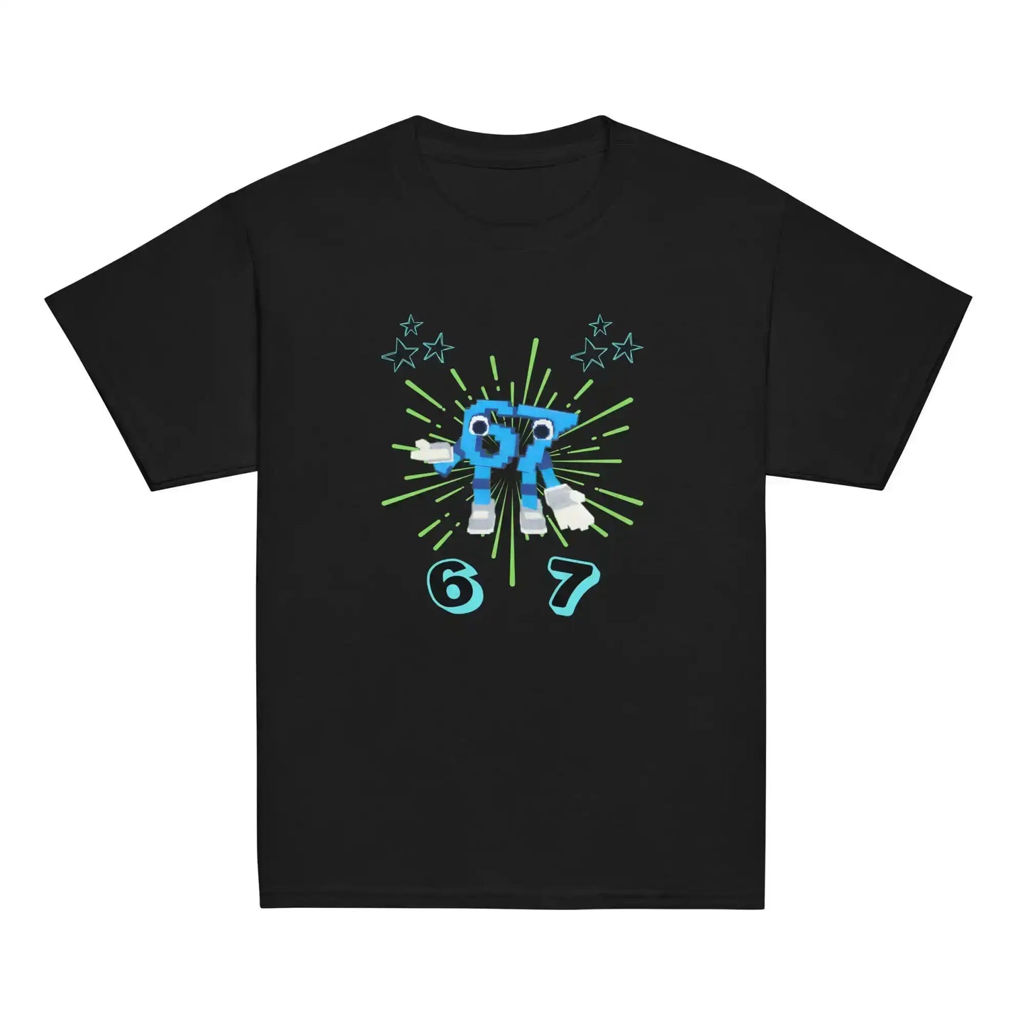 Black youth graphic tee with blue pixel robot, green burst, stars, and numbers 6 and 7