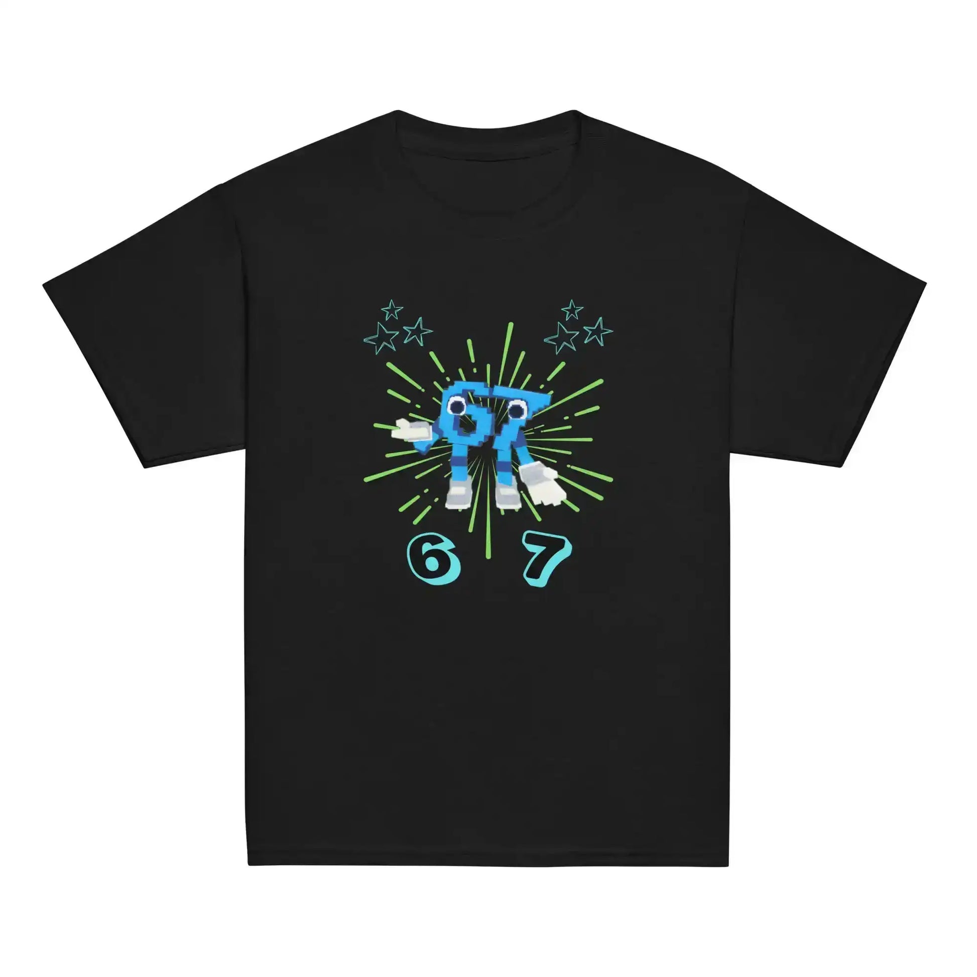 Black youth graphic tee with blue pixel robot, green burst, stars, and numbers 6 and 7