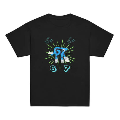 Black youth graphic tee with blue pixel robot, green burst, stars, and numbers 6 and 7
