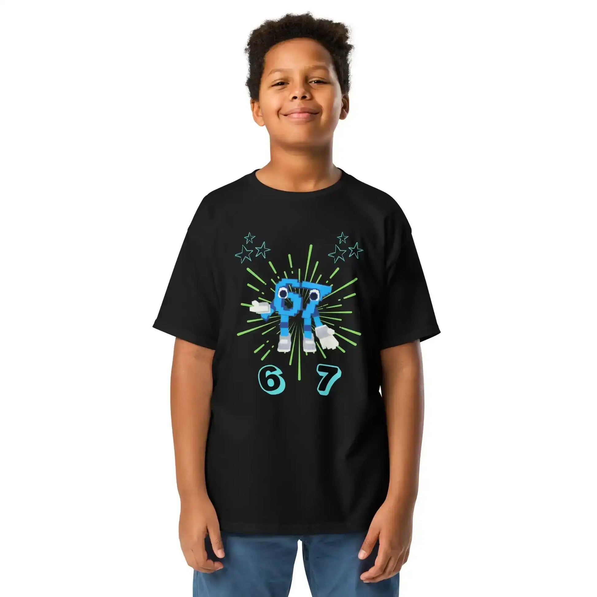 Youth wearing black Cady Creations graphic tee with blue cartoon character, stars, and numbers 6 and 7.