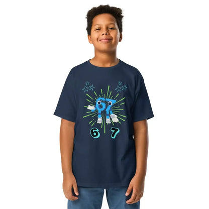 Youth wearing navy Cady Creations graphic tee with blue robot and stars design, numbers 6 and 7.