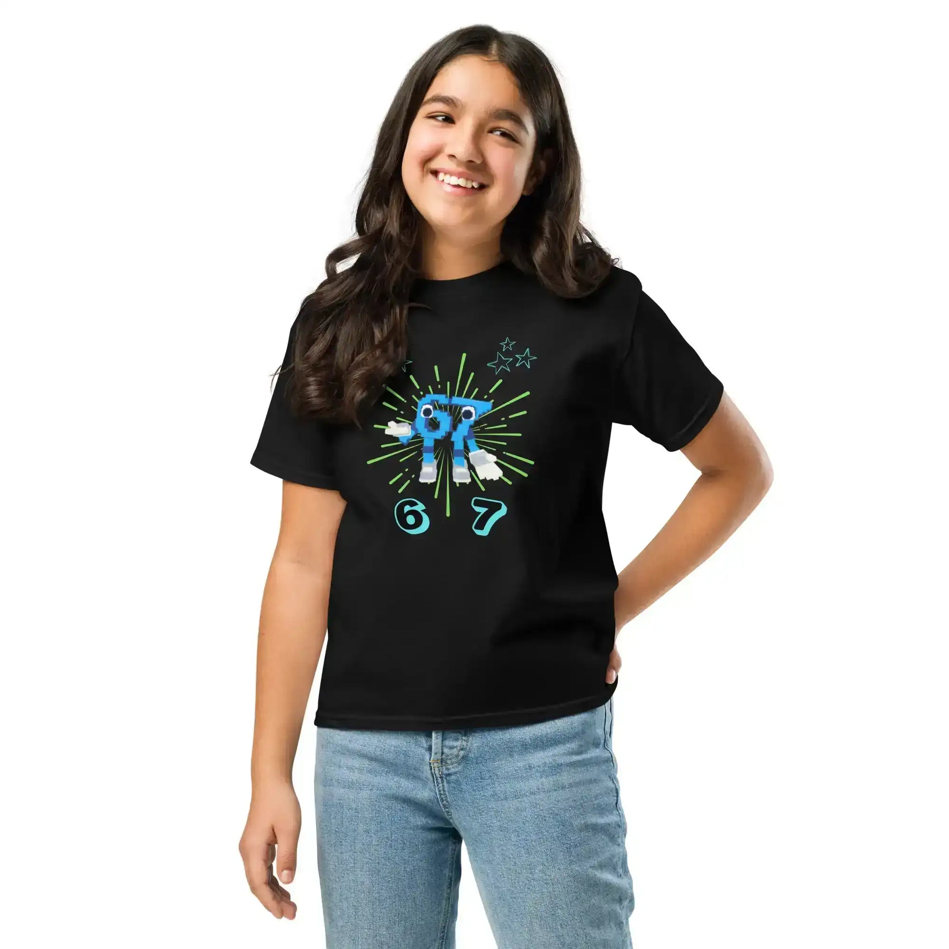 Smiling youth wearing Cady Creations black graphic tee with blue robot and green burst design