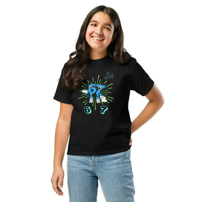 Smiling youth wearing Cady Creations black graphic tee with blue robot and green burst design