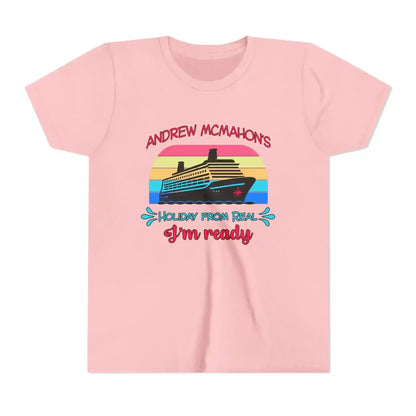 Pink graphic tee with cruise ship, colorful sunset, and 'Holiday from Real I'm ready' text