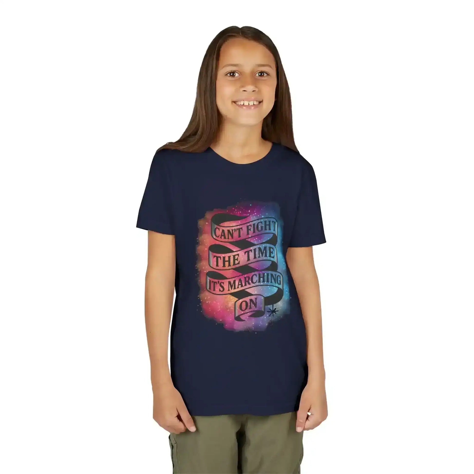 Smiling girl in navy Cady Creations graphic tee with 'Can't fight the time, it's marching on' text
