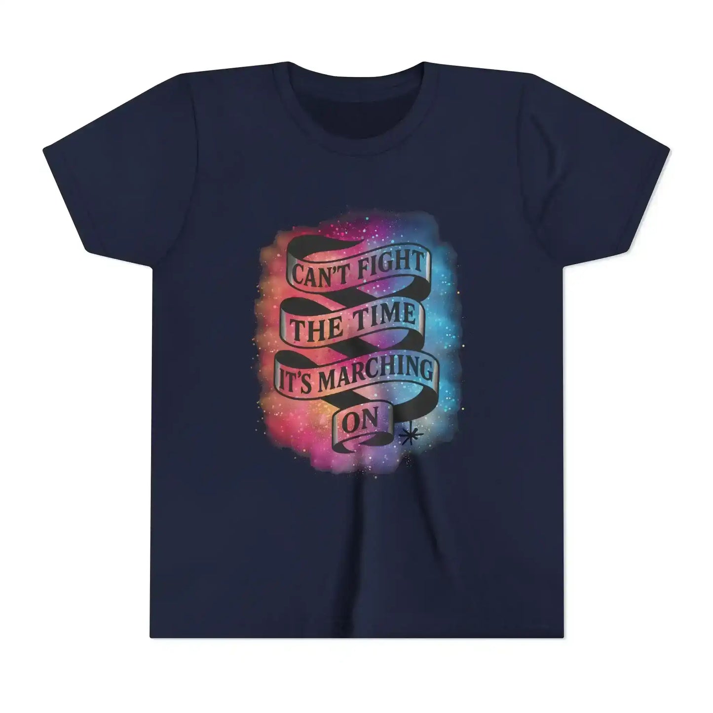 Navy Cady Creations graphic tee with 'Can't Fight The Time, It's Marching On' ribbon design