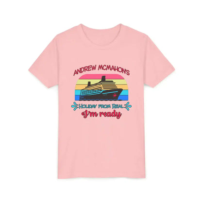 Pink graphic tee with cruise ship, retro sunset, and 'Holiday From Real' text by Cady Creations