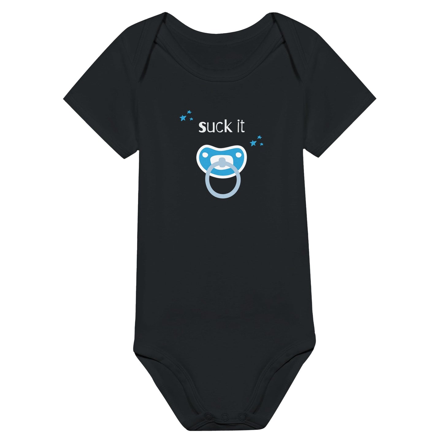 Baby onesie with "Suck It" print and pacifier graphic, playful design.