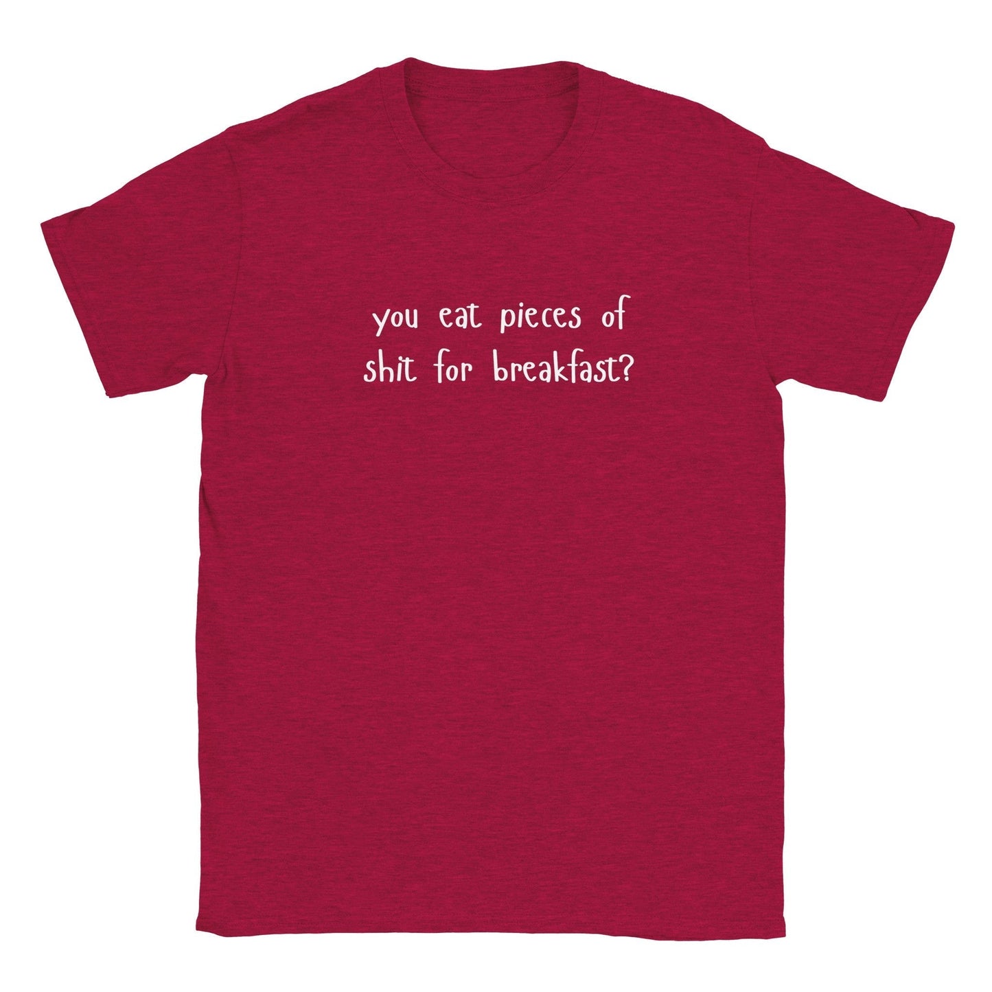 Red graphic tee with bold text "You eat pieces of shit for breakfast?" inspired by Happy Gilmore, showcasing playful attitude.